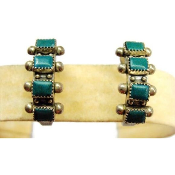 Green Tribal Turquoise Vintage Sterling Silver 925 Screw Back Earrings Patina - Picture 8 of 11